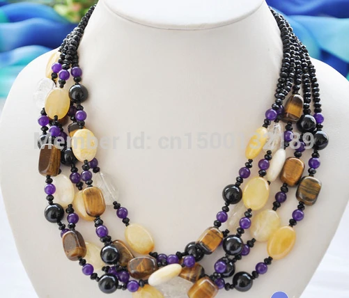 

j00495 5row 19" yellow jade tiger's-eye agate Facet bead necklace