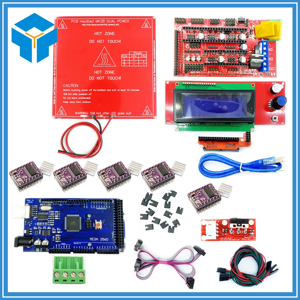 

1pcs Mega 2560 R3 + 1pcs RAMPS 1.4 Controller + 5pcs DRV8825 Stepper Driver Module +1pcs LCD 2004 +1pcs MK2B for 3D Printer kit