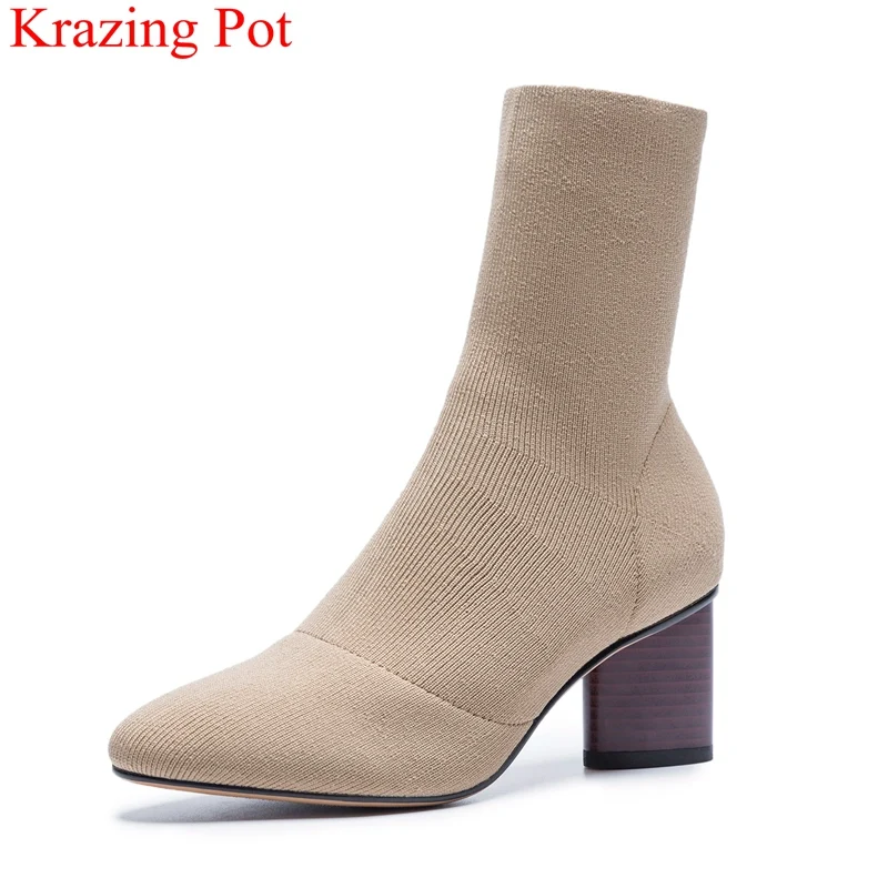 

2018 new arrival knitting high heels mid-calf boots round toe runway solid concise sock boots brand elegant nightclub shoes L09