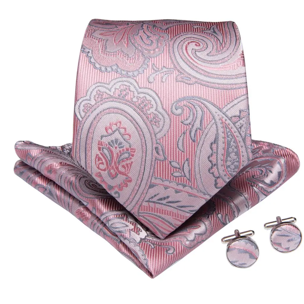 Мужской галстук, розовый, серебряный, с узором пейсли, Свадебный галстук для мужчин, галстук-бабочка, шелковый галстук, Hanky запонки, дибангу