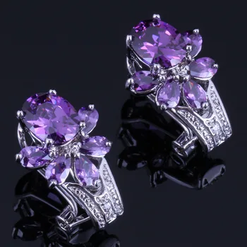 

Pretty Flower Purple Cubic Zirconia Silver Plated Clip Hoop Huggie Earrings V0911