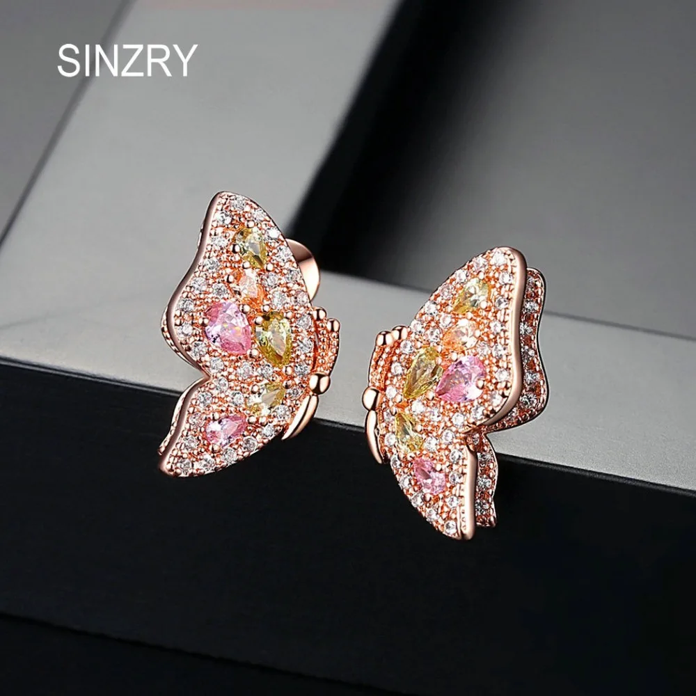 SINZRY розовое золото цвет CZ бабочка серьги гвоздики креативные красочные милые серьги шпильки для женщин Brincos Bijoux