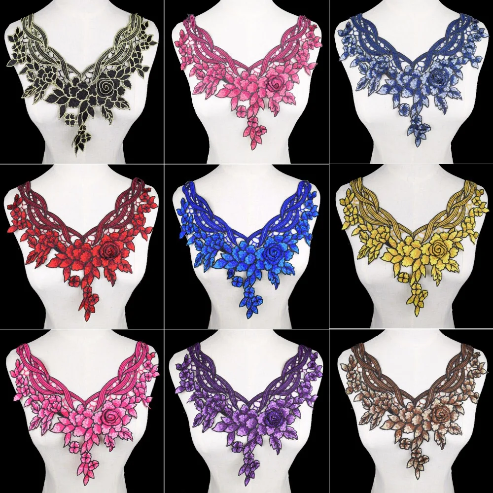 

Colorful Flower Lace Fabric Dress Applique Motif Blouse Sewing Trims, DIY Neckline Collar Costume Decoration NL336