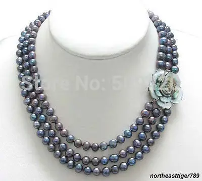 

Free Shipping 3 Rows Genuine Black Pearl 18KWGP Shell Flower Clasp Necklace