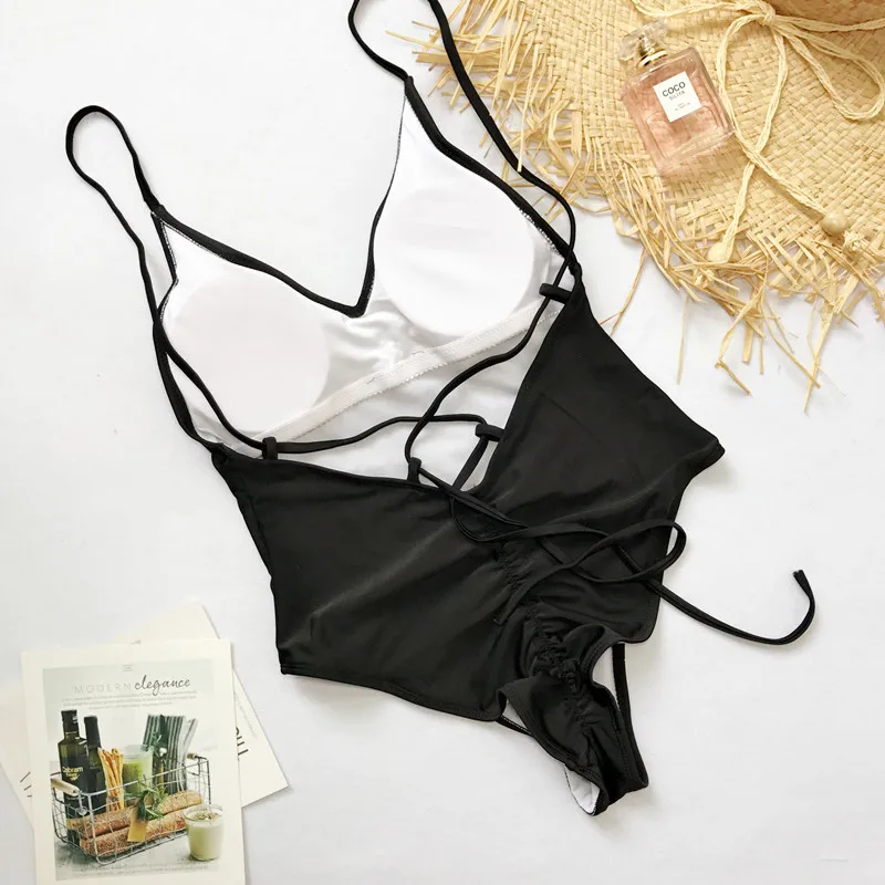 Sexy One Piece Swimsuit May Women Fused Swimwear Women One Piece Solid Black Thong Backless Monokini Bathing Suit Women