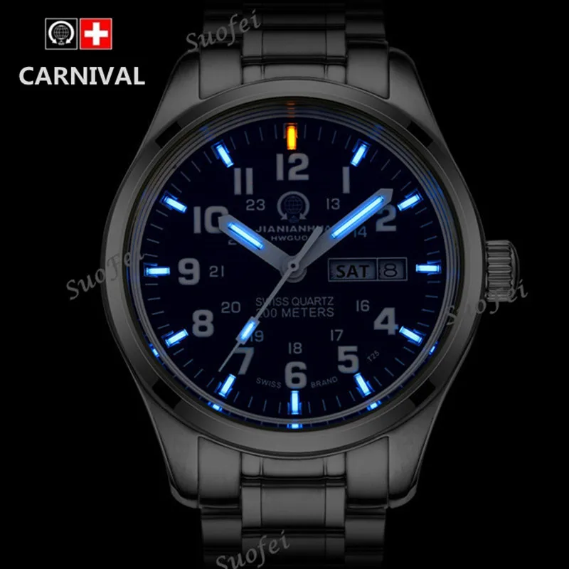 Relógio à Prova Relógios dos Homens de Aço Duplo Calendário Data Trítio Luminoso Quartzo Militar Dwaterproof Água 200 m Safira Marca Completo Relojes T25