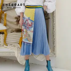Cheerart Винтаж Плиссированные Миди юбка для женщин синий с цветочным принтом 2 шт. дизайнер юбка карандаш с кружевом осень высокая уличная мода