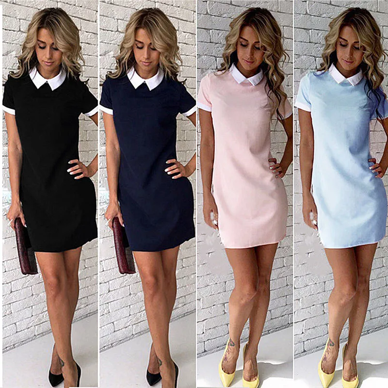 School Preppy Style White Collar Short Sleeve Summer Mini Dresses