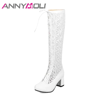 

ANNYMOLI High Heels Autumn Shoes Knee High Boots Lace Up Mesh Block Heels Women Long Boots Red White 2018 New Large Size 4-12