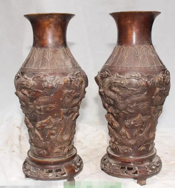 

S5183 11" Marked Chinese Bronze 9 Dragon Dragons Vase Bottle Pot Pair Flower Statue discount 30% (C0324)