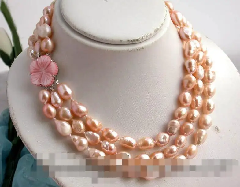 

3445 3row pink baroque freshwater pearl necklace shell
