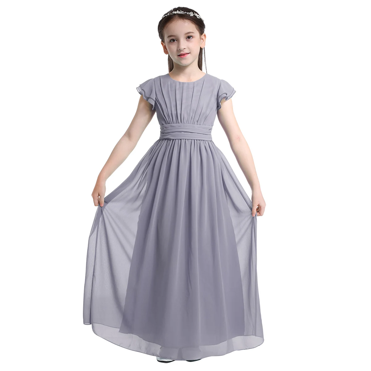 IEFiEL/платье с цветочным узором для девочек; Детские шифоновые Свадебные торжественные летние вечерние бальные платья принцессы с фатиновой юбкой; детская одежда для подростков - Цвет: Gray