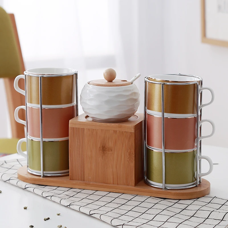 

Creative European Cup Set Bamboo Wood Frame Ceramic Coffee Afternoon Flower Tea and Plate