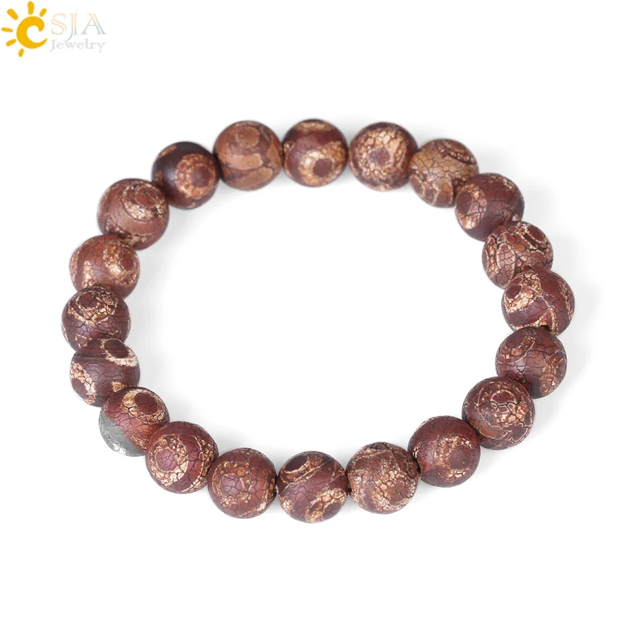 

CSJA 10mm Handmade Beaded Natural Onyx Bracelet Matte Stripe Deep Brown Round Ball Bead Stone Charms Bangle DIY Men Jewelry F263