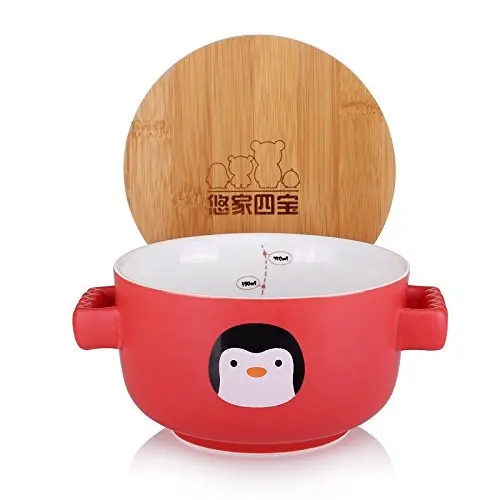 UPSTYLE Large Noodle Bowl Big Cute Cartoon Ceramic Soup Animal Pattern Cup Travel Mug with Bamboo Lid and Handle for Rice | Дом и сад