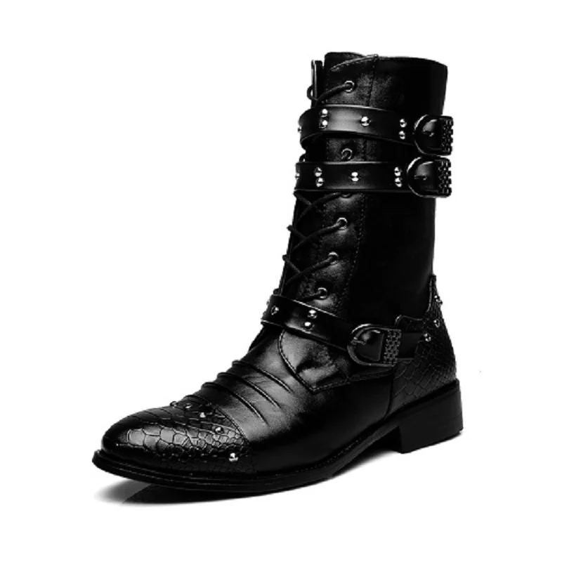

Mens Black Punk Rivet Motorcycle Ankle Boots Pointed Toe Shoes Belt Buckle Winter Riding Fleece Line Spring Warm 2 Styles Black