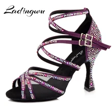 Ladingwu Dance Shoes Women Purple Satin Full Rhinestone Latin Dance Shoes Salsa Women Shoes Dancing Ballroom Professiinal purple satin latin dance shoes with rhinestone women s salsa shoes free shipping xc 6367