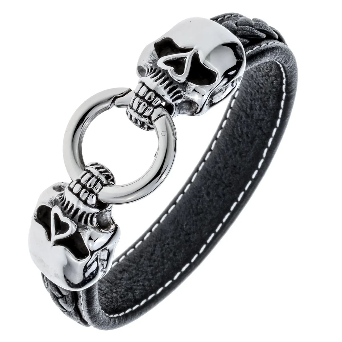 

Mens black leather stainless steel skull hiphop bracelet gold silver color jewelry birthday gifts for dad him boyfriend 9" D049