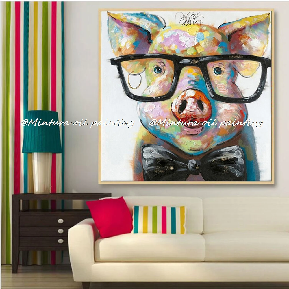 Ручная роспись современный абстрактный мультфильм животных картина маслом на холсте свинья носить очки стены искусства для гостиной домашний декор