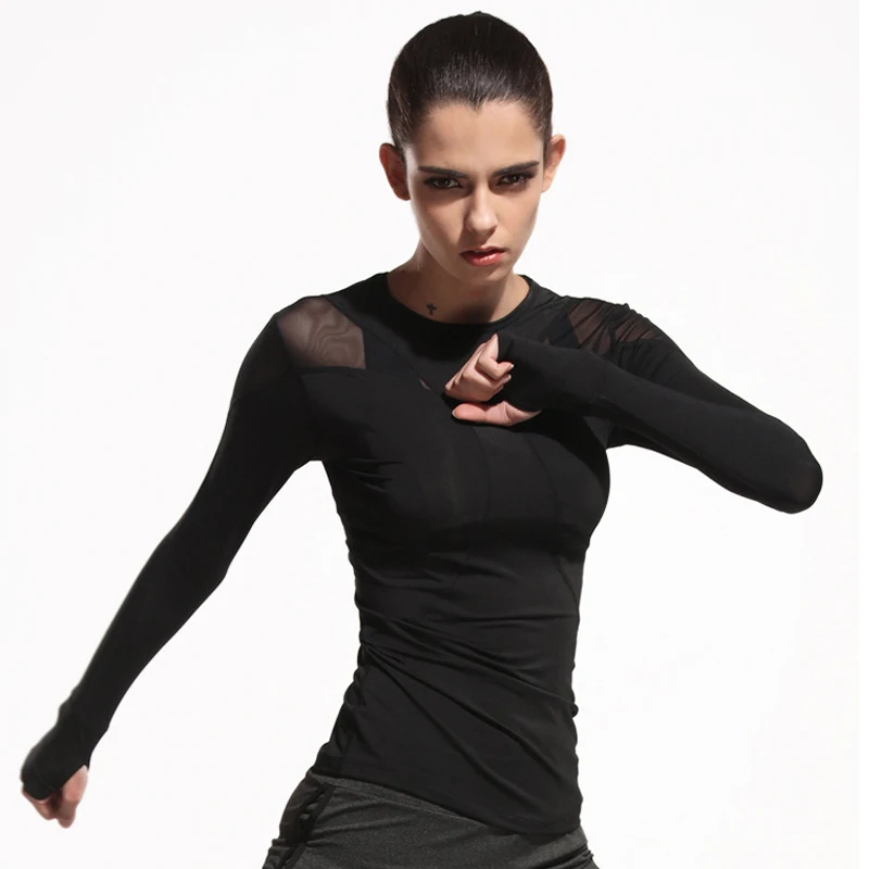 

Black t-Shirt mesh womens sports top with long sleeves tight blouses autumn gym t shirt women yoga fitness top