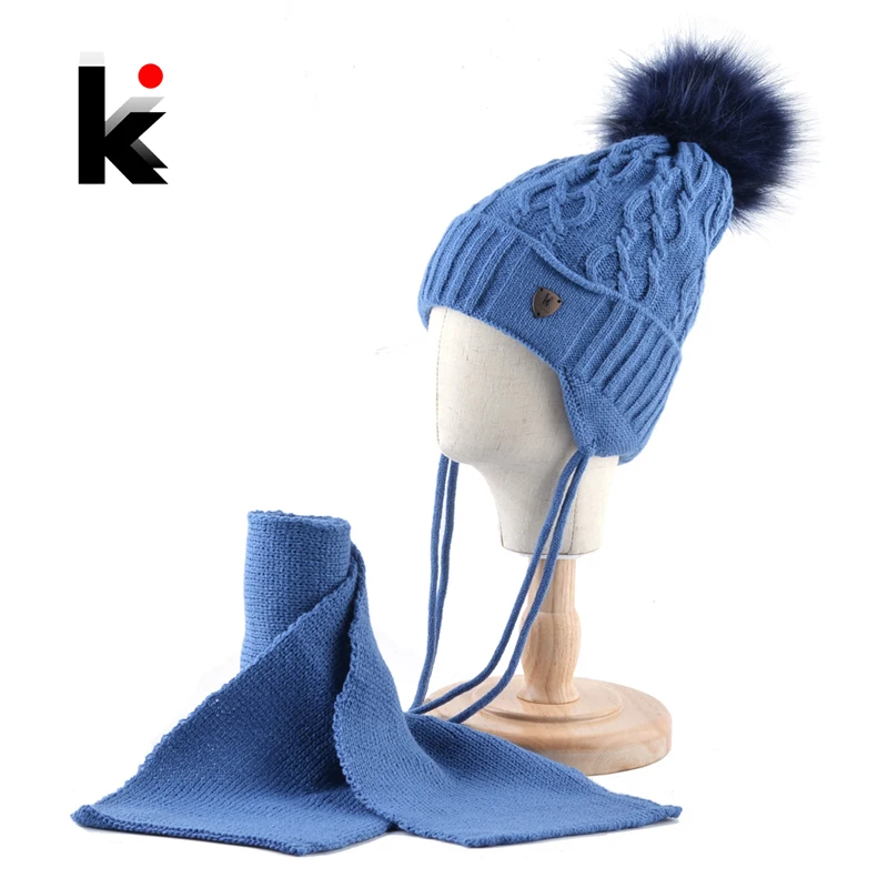 

K Brand Winter Hats Scarf Set For Kids Warm Knitted Beanies With Pompom Children Twist pattern Ear Flap Cap Boys Girls Thick Hat