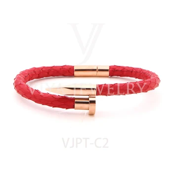 

2019 Genuine Red Python Nail Bracelet For Women New DIY Python Leather Cords Bracelet Luxury Python Jewelry Bracelet With Nail