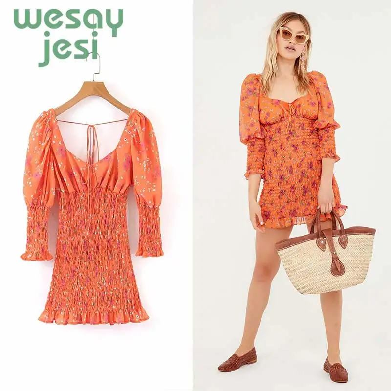 

Dress women summer vintage floral print chiffon A-line party dress women vestidos girl three-quarter chic mini dresses