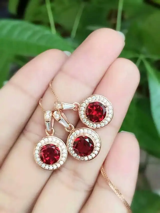 

natural red garnet stone pendant 925 Sterling silver Natural gemstone Pendant Necklace trendy Elegant round women girl jewelry