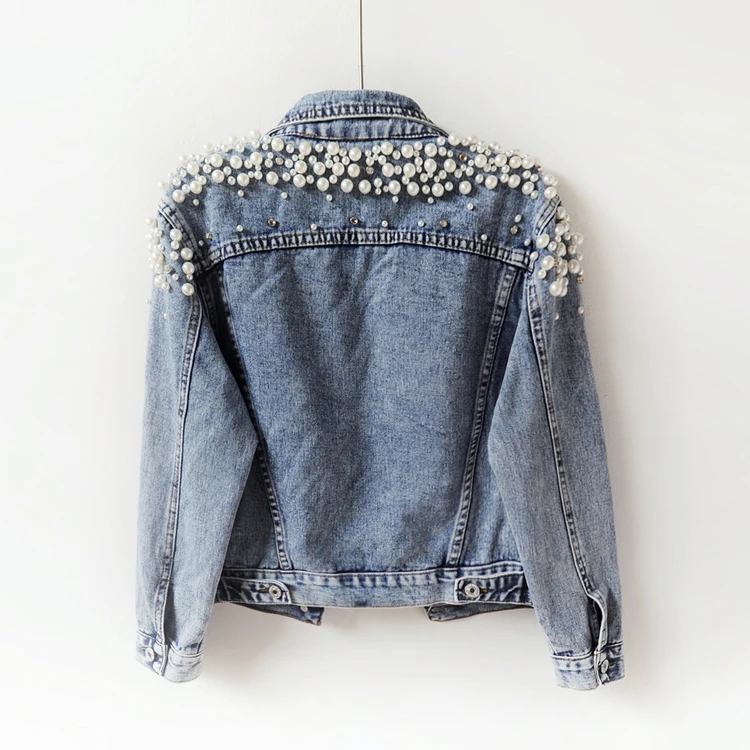 2018 Spring Autumn Women Basic Coats Women Denim Jacket Pearls Beading Fashion Jeans Coat Loose Long Sleeve Jackets 898