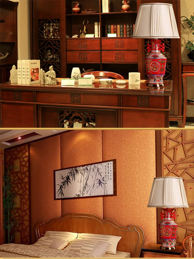 China Antique Living Room Vintage Table Lamp Porcelain Ceramic Table Lamp wedding decoration lamp dining table red (5)
