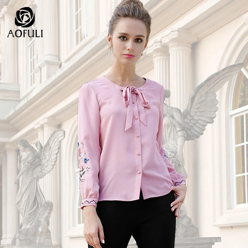 L/XL/2XL женская рубашка с цветочной вышивкой и бантом из ленты осенняя блуза