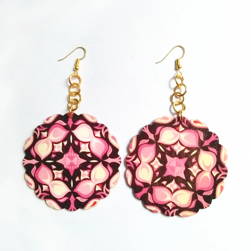 

19 Colors Fashion Round Flower Wood Drop Earrings Both Sides Same Printing Earrings Personality Friendly Wooden Jewelry