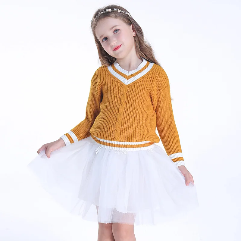 2018 Autumn Winter Girl Sweater Set Children Stripe Knitted Sweater+two