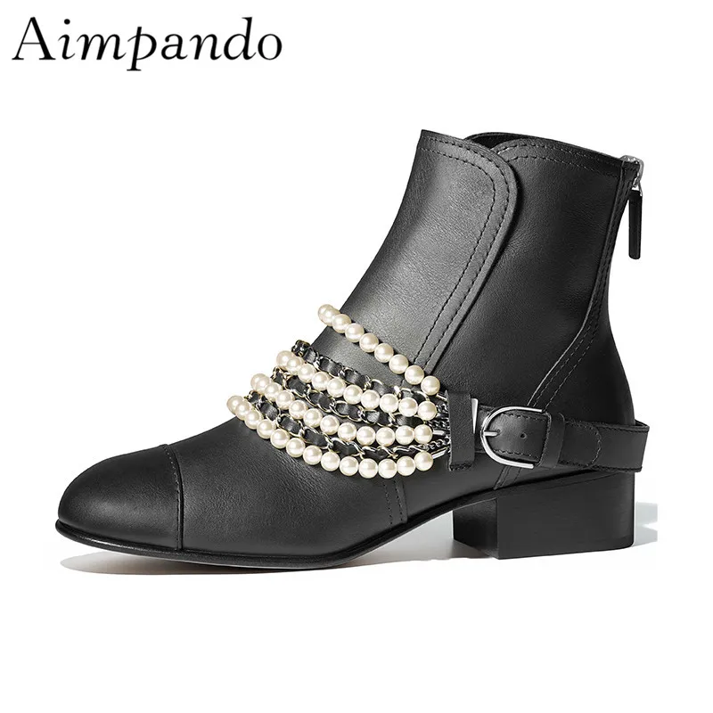 

Ladylike Black Patchwork Leather Short Boots Back Zip Square Thick Heel Studded Buckle String Bead Chains Ankle Boots Women