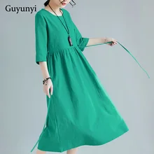 Однотонное хлопковое льняное платье в винтажном стиле с драпировкой женское повседневное свободное платье Простое Элегантное летнее платье больших размеров с коротким рукавом