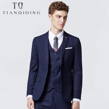 

Top Tailor Made Suit Men 3 Piece Blue Striped Wedding Suits for Men Gentle Custom Made Suit (Jacket+Pants+Vest)