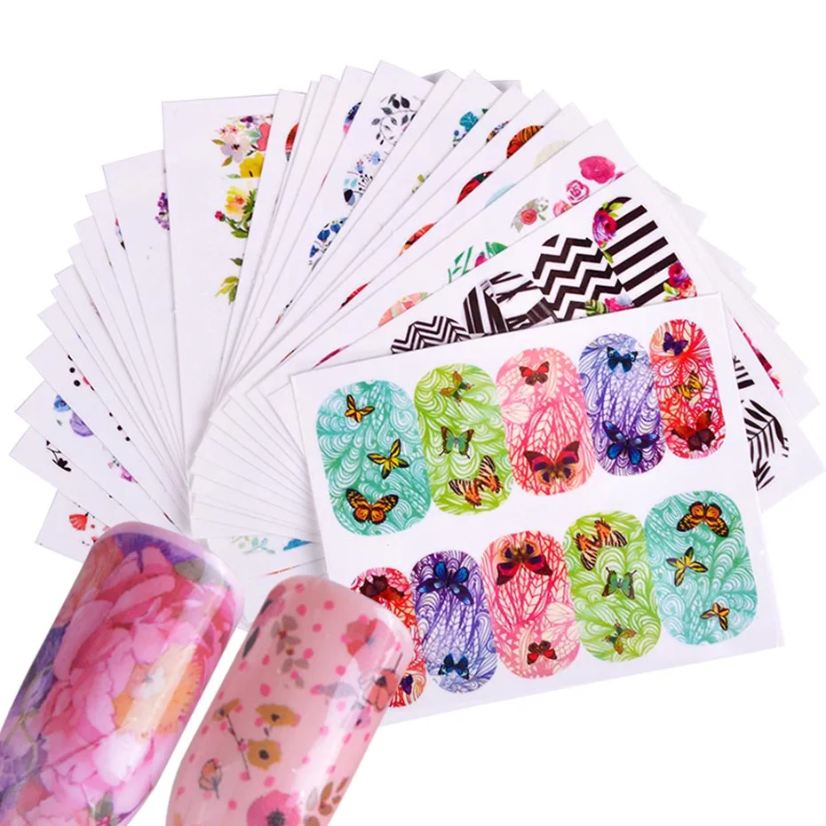 Полная красота 25 шт Красочные смешанные цветущие наклейки для дизайна ногтей наклейки для воды маникюр Полный слайдер CHSTZ580-607