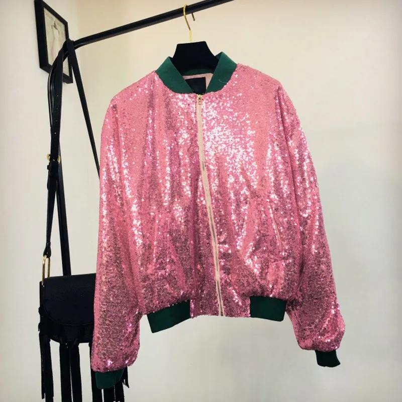 Women Autumn Sparkly Sequin Bomber Jacket Front Zip Up Long Sleeve Casual Coat Patchwork Ribbed Cuffs Party Jacket Coats