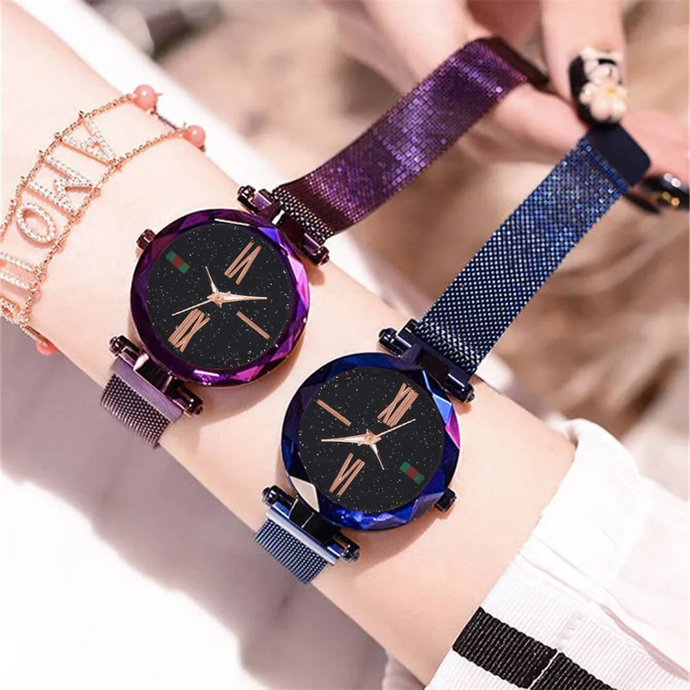 

2019 New Luxury Women Starry Sky Waterproof Watch Magnet Buckle Watch Fashion Ladies Polygon Surface Roman Numeral Quartz Watch