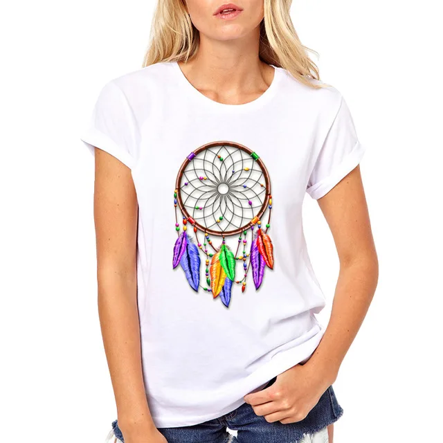 

Women Latest Creative Dreamcatcher Rainbow Feathers T-Shirt Modal Pop Art Monsterobots Printed T Shirt Colorful Ohm Tree Tee Top