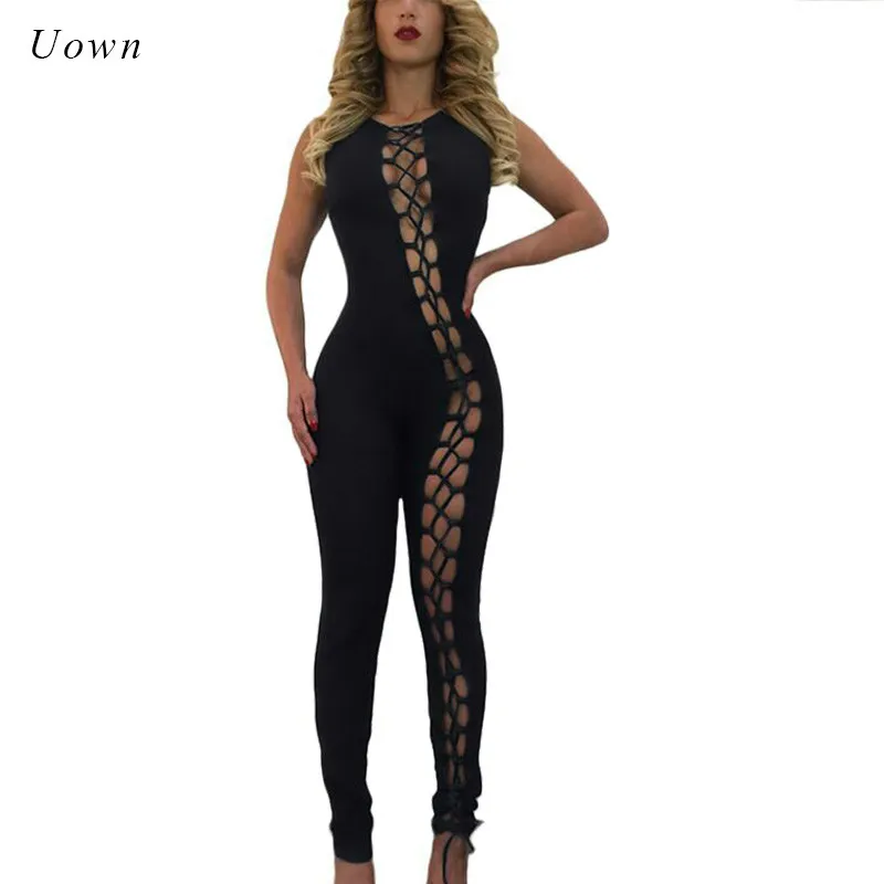 

Hollow out Lace up Sexy Jumpsuits Romper Women 2018 Summer Sleeveless One Piece Slim Bodycon Party Jumpsuit Long Rompers Overall