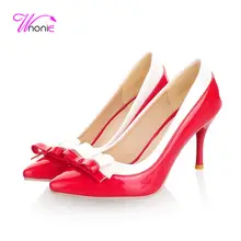 2017 mode Frauen Grund Pumpen High Heels Spitz-toe PU Lackleder Bowtie Patchwork Frühling Herbst Kleid Damen schuhe