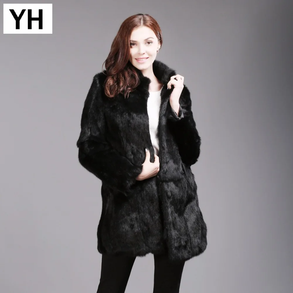 

2019 New Stylish Lady Winter Real Rabbit Fur Jacket Soft Long Fur Coat Mandarin Collar Warm High Quality Lady Rabbit Fur Jacket