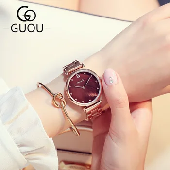 

2018 New GUOU Crystal Diamond Full Stainless Steel Rose Gold Waterproof Quartz Wristwatch Women Ladies Wrist Watch Bracelet