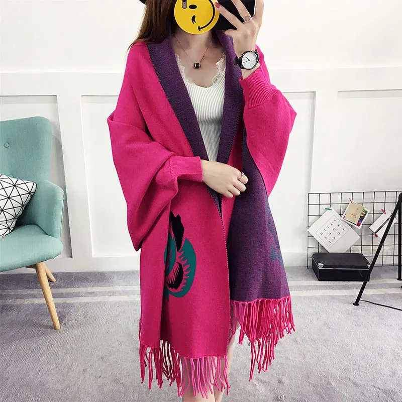 rose wool shawl Для женщин длинные шерстяные Свитеры для женщин куртка толстые открытым стежка кисточкой шаль накидка куртка Дамская мода Повседневное Свободные куртка осень-зима - Цвет: rose wool shawl