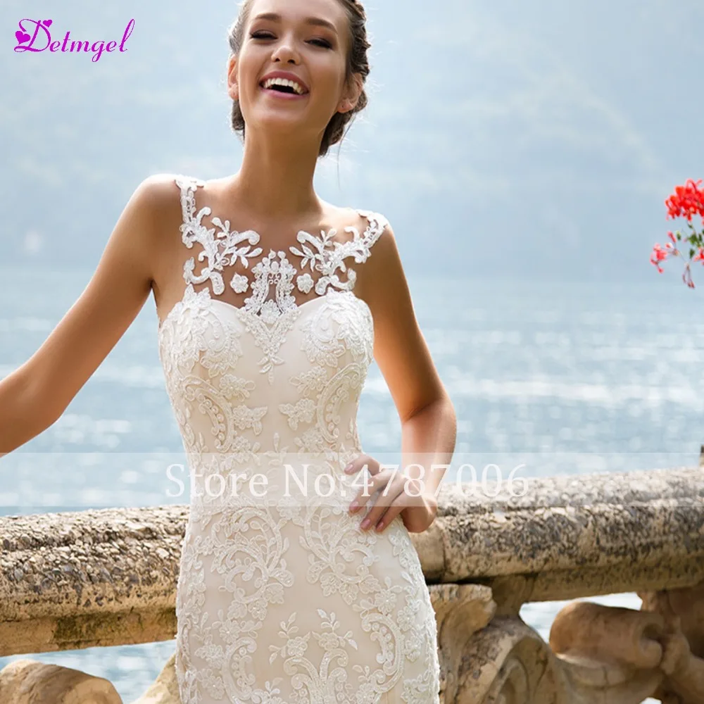 Vestido de Noiva корт поезд с аппликацией и юбкой-годе свадебное платье Новое поступление сексуальное глубокое круглое декольте Труба невесты платье халат De Mariage