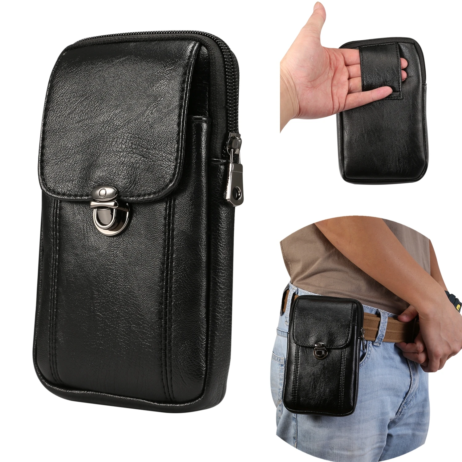 Genuine Leather Fanny Pack Men/'s Loop Skin Case Purse Belt Cell Phone Waist Bag