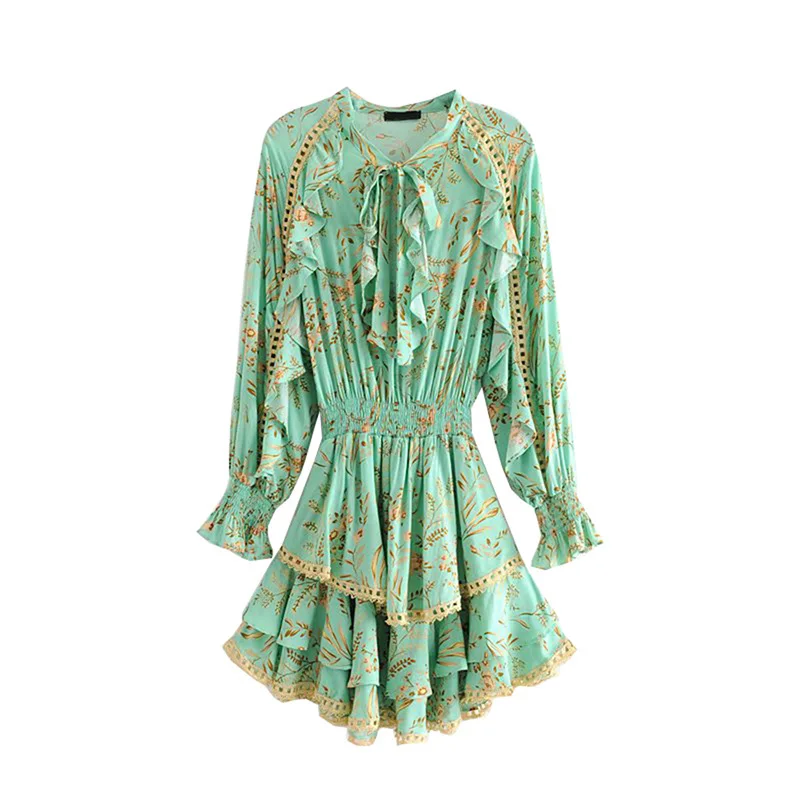 

GYPSY Boho Chic Summer Vintage Floral Print Ruffled Mini Dress Women Fashion V Neck Elastic Waist Beach Dresses Vestidos Mujer