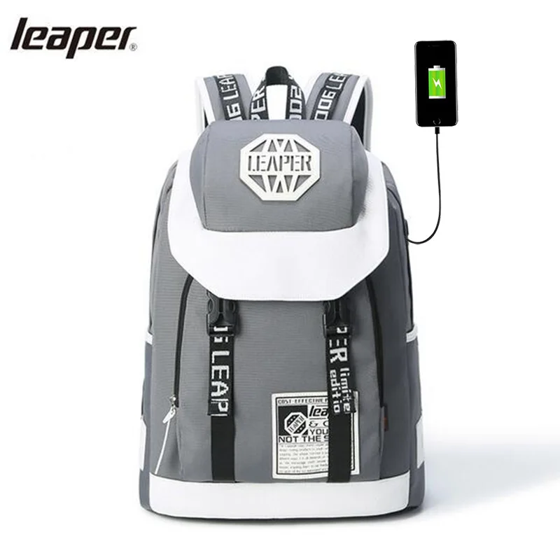 

Leaper Men Backpack Letter USB Charge High Capacity Designer Laptop Backpack Notebook School Bags For Teenagers Waterproof Bags