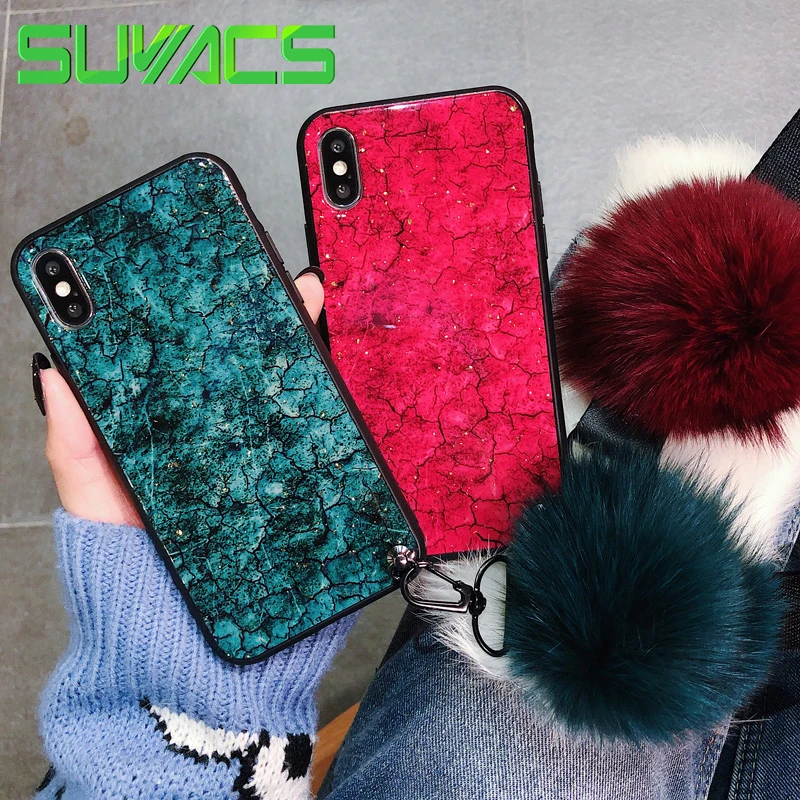 

SUYACS With Fox Fur Ball Pendant Phone Case TPU Soft For iPhone XS MAX XR X 6 6S 7 8 Plus Crack Marble Platinum Phone Cases Bag